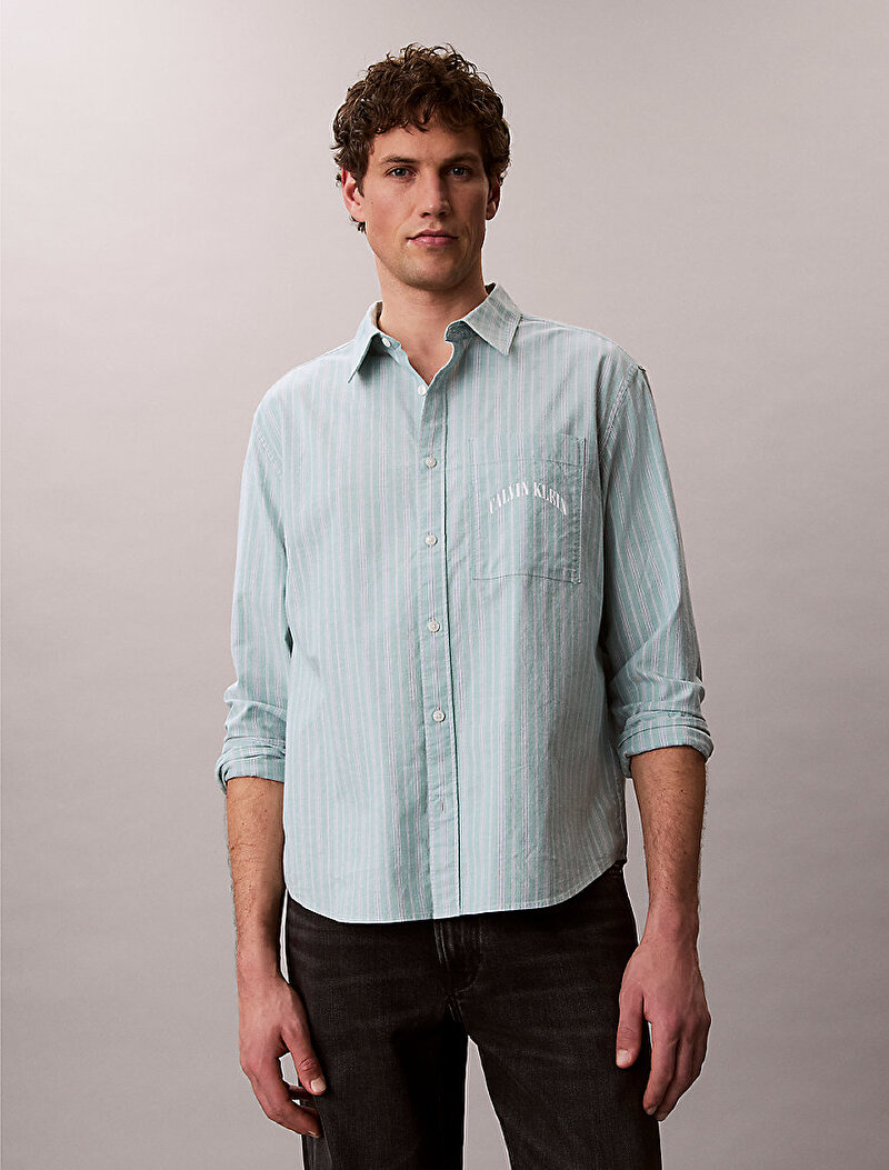 Calvin Klein Yeşil Renkli Erkek Stripe Washed Gömlek