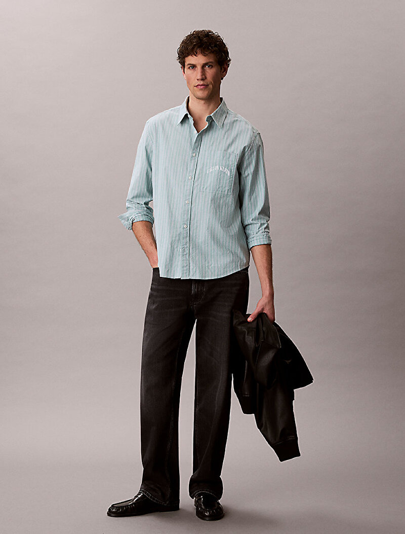 Calvin Klein Yeşil Renkli Erkek Stripe Washed Gömlek