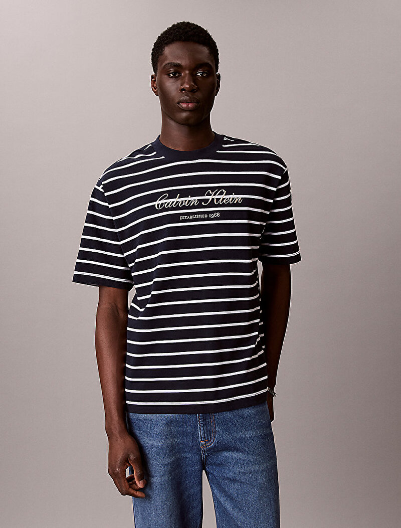 Calvin Klein Lacivert Renkli Erkek Stripe Casual T-shirt