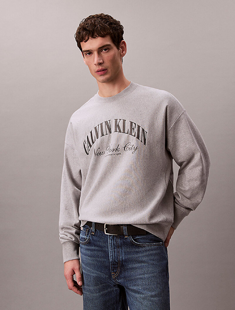Calvin Klein Gri Renkli Erkek Premium Terry Sweatshirt