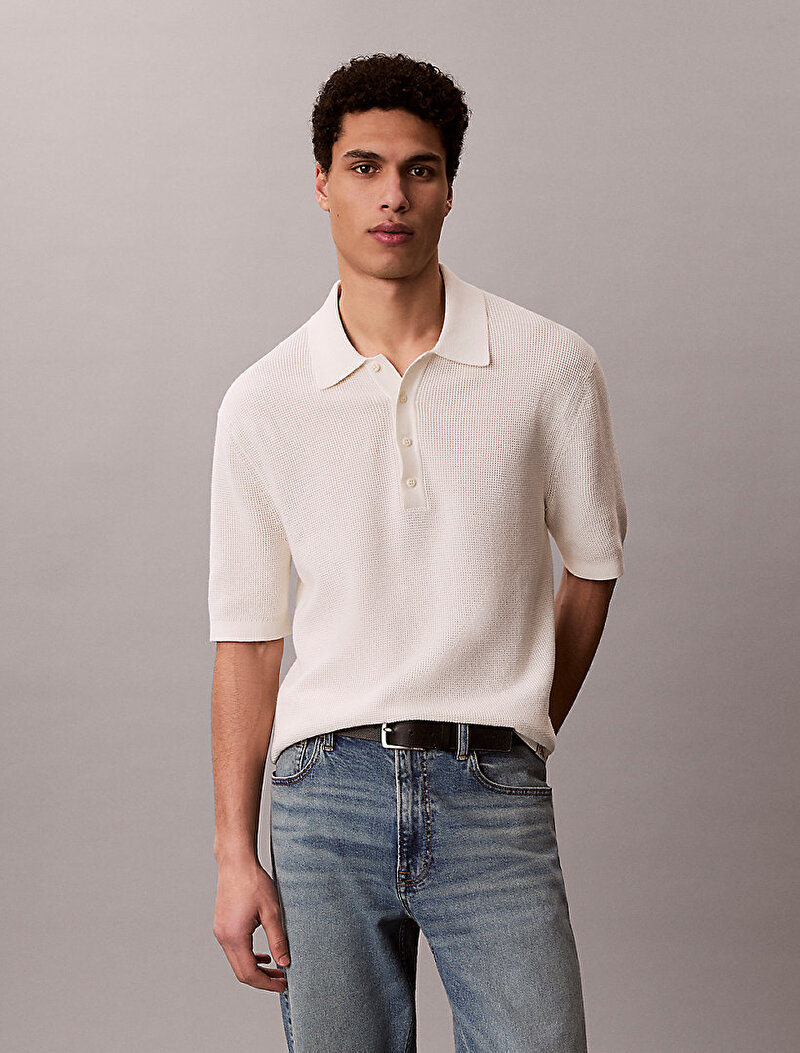 Calvin Klein Beyaz Renkli Erkek Cotton Waffle Kazak