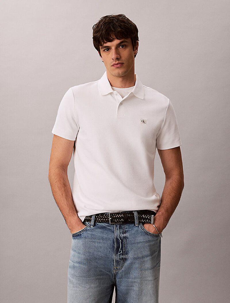 Calvin Klein Beyaz Renkli Erkek Micro Waffle Classic Polo T-shirt