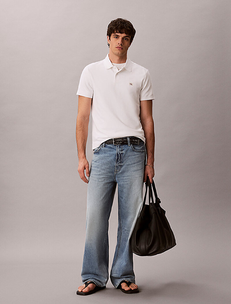 Calvin Klein Beyaz Renkli Erkek Micro Waffle Classic Polo T-shirt