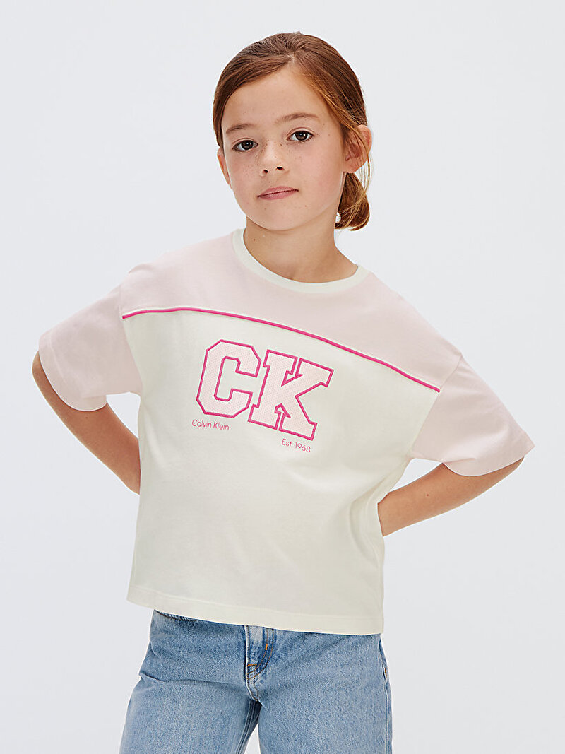 Calvin Klein Bej Renkli Kız Çocuk CK Collegiate Coloblock T-shirt