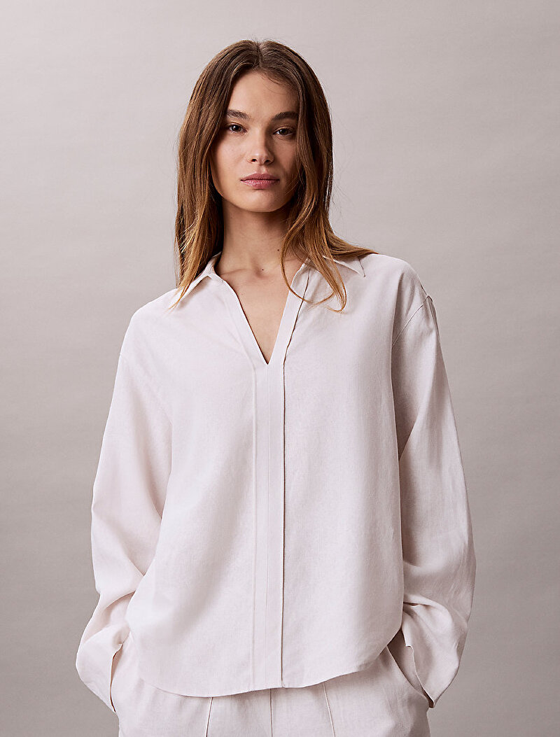 Calvin Klein Beyaz Renkli Kadın Linen Gömlek
