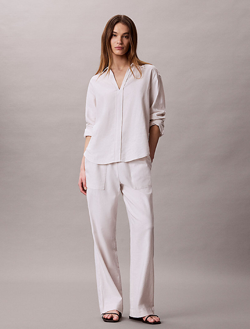 Calvin Klein Beyaz Renkli Kadın Linen Gömlek