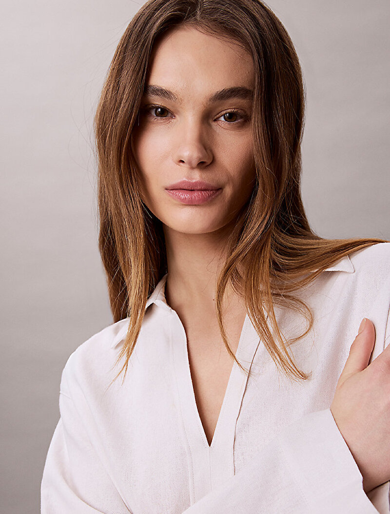 Calvin Klein Beyaz Renkli Kadın Linen Gömlek