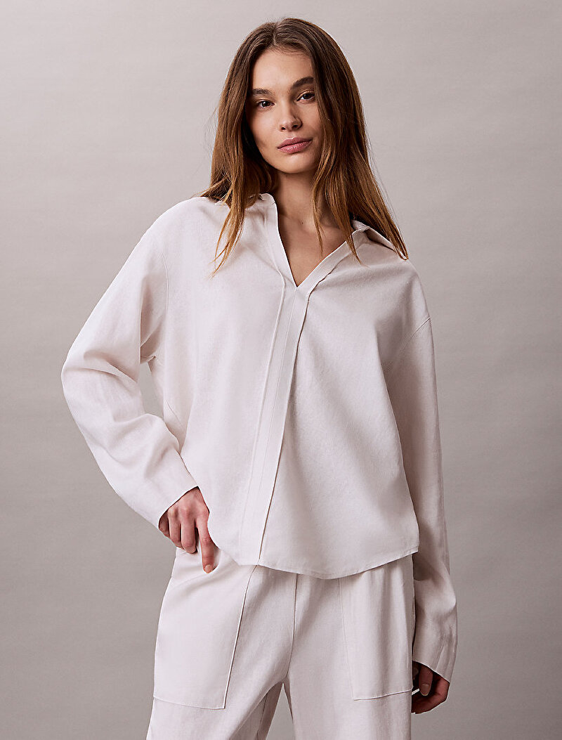Calvin Klein Beyaz Renkli Kadın Linen Gömlek