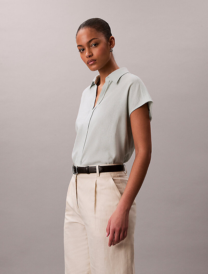 Calvin Klein Beyaz Renkli Kadın Linen Classic Gömlek