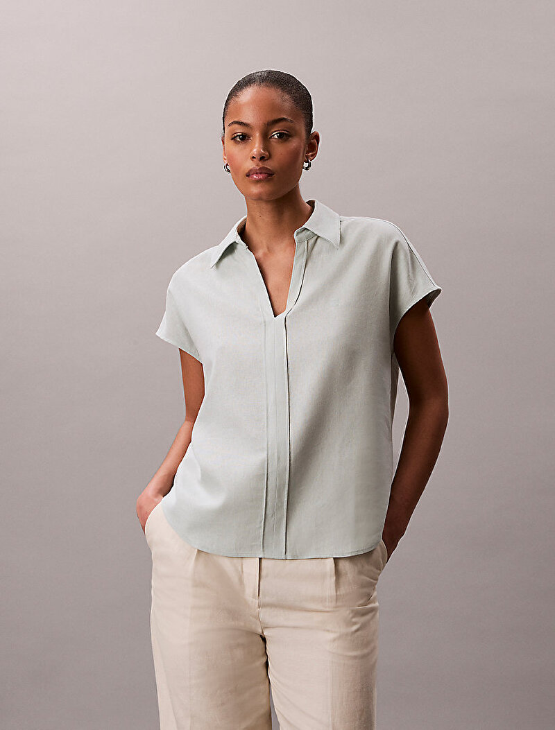 Calvin Klein Beyaz Renkli Kadın Linen Classic Gömlek