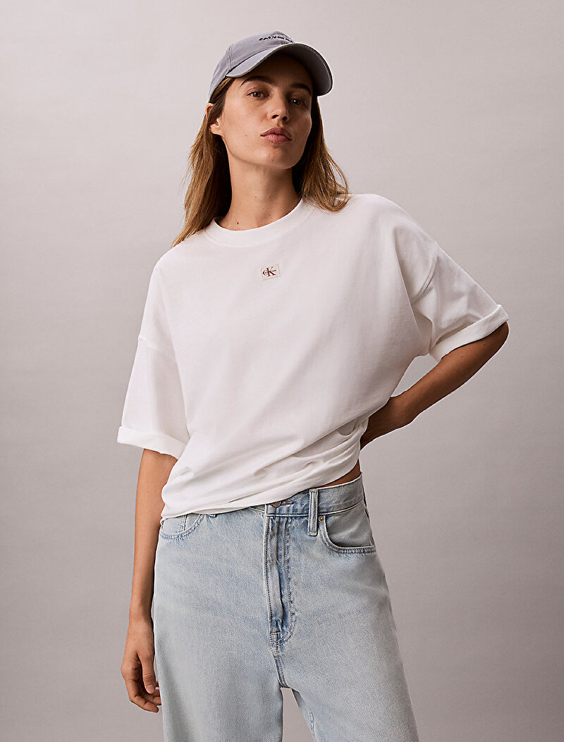 Calvin Klein Beyaz Renkli Kadın Woven Label Oversize T-shirt