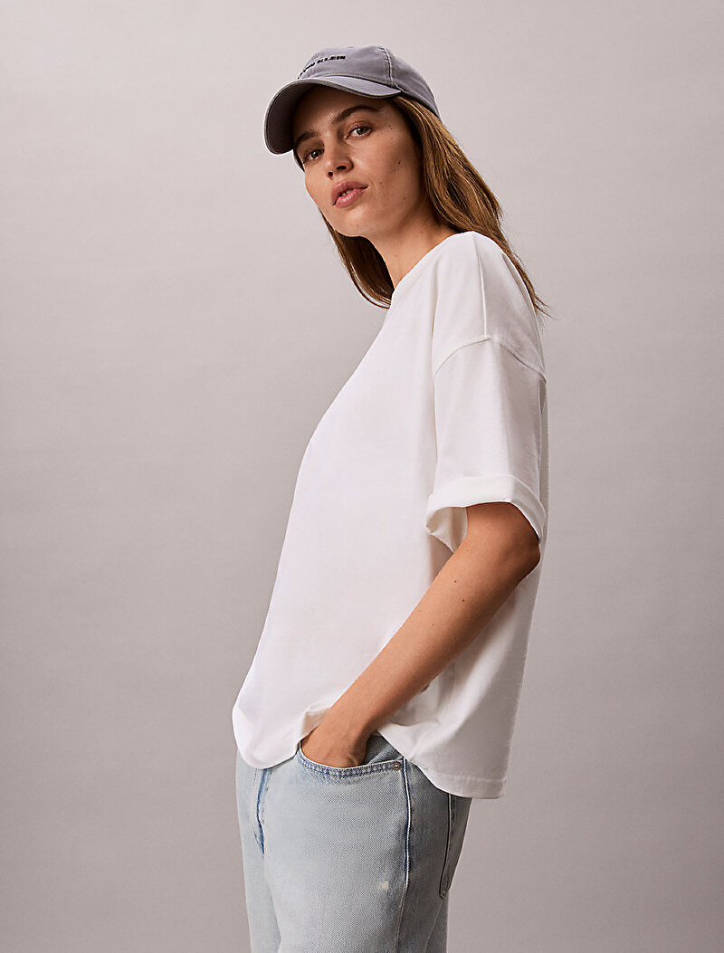 Calvin Klein Beyaz Renkli Kadın Woven Label Oversize T-shirt
