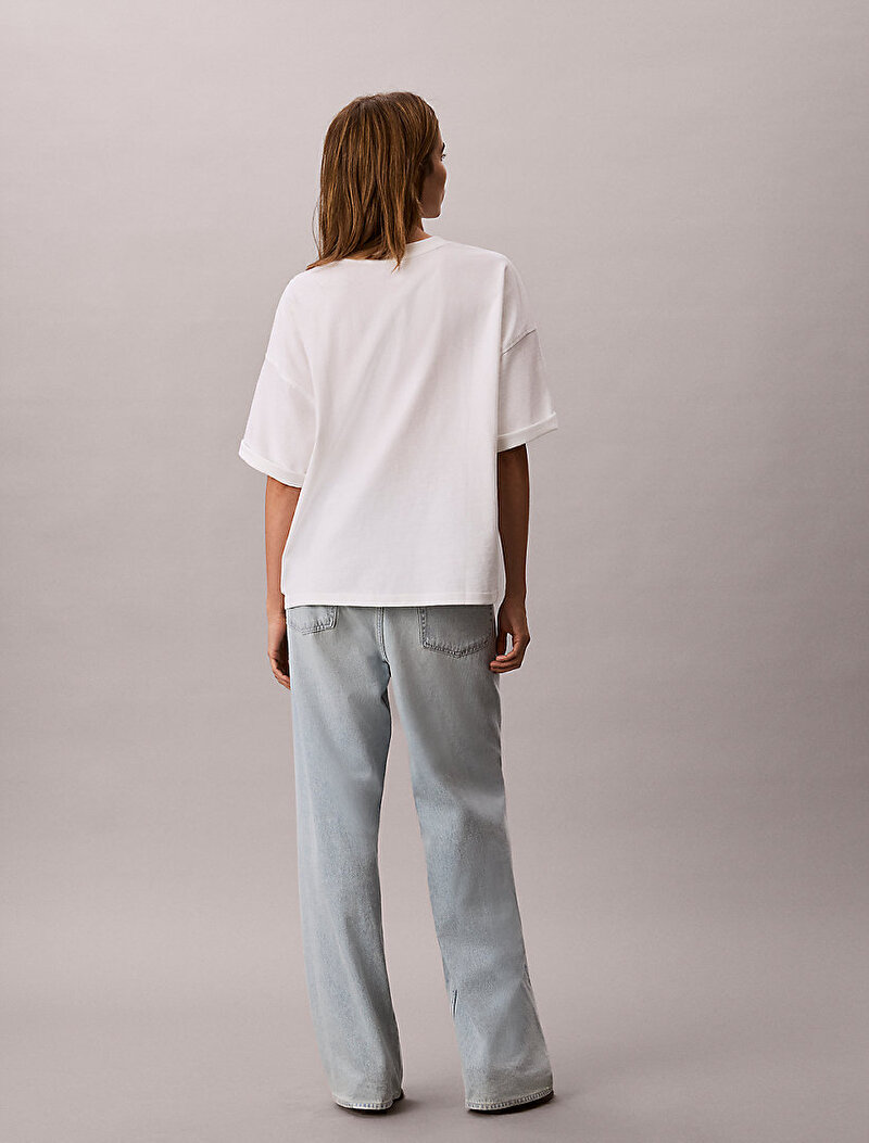Calvin Klein Beyaz Renkli Kadın Woven Label Oversize T-shirt