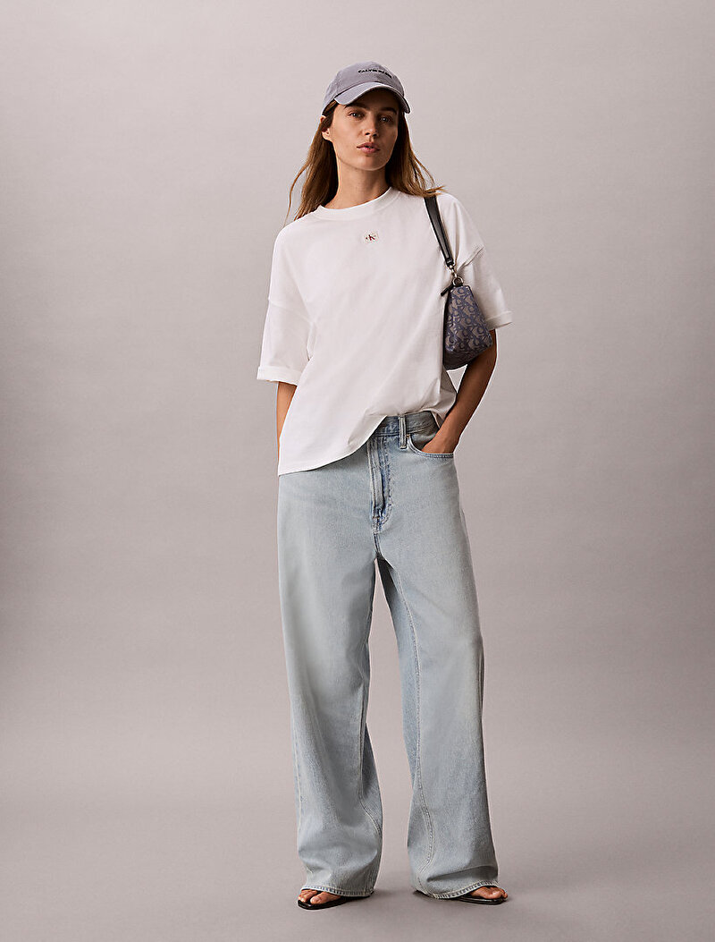 Calvin Klein Beyaz Renkli Kadın Woven Label Oversize T-shirt