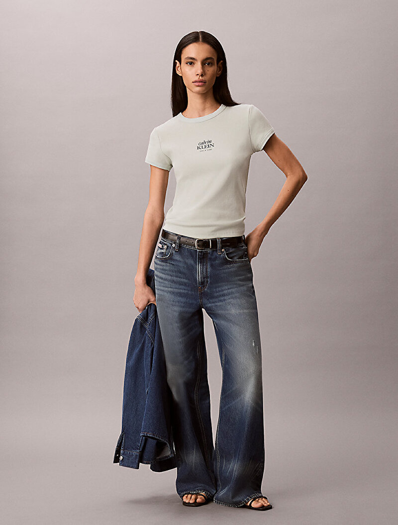 Calvin Klein Beyaz Renkli Kadın Baby Rib T-shirt
