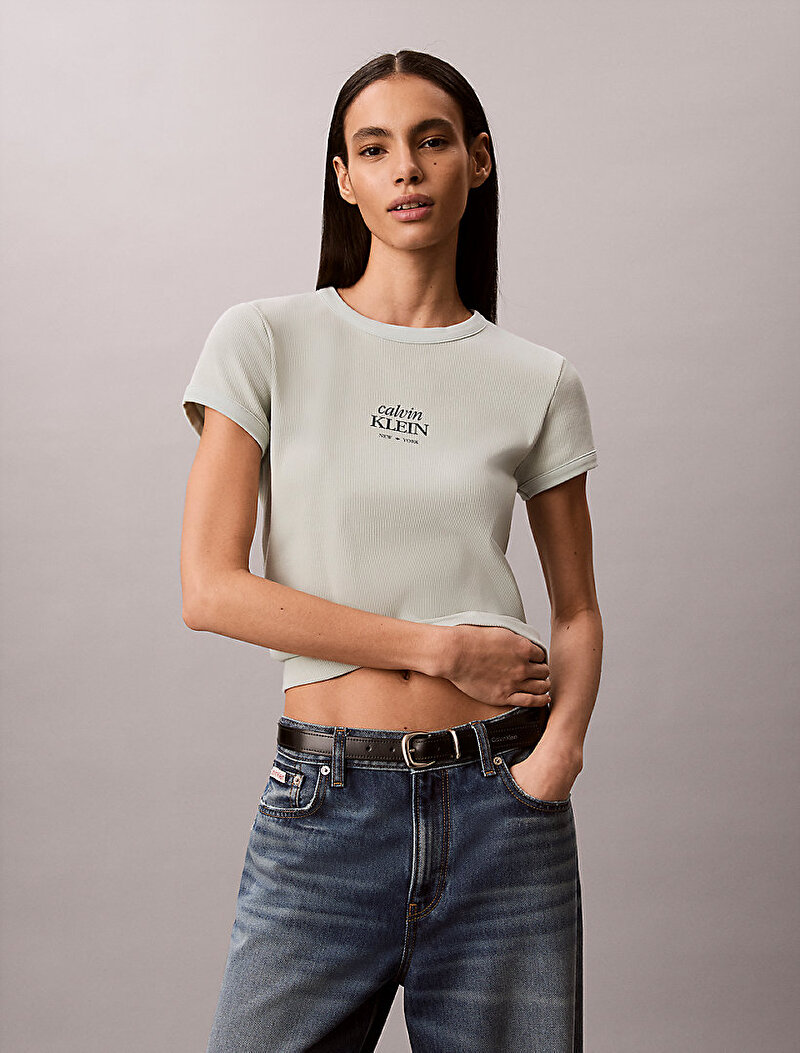 Calvin Klein Beyaz Renkli Kadın Baby Rib T-shirt