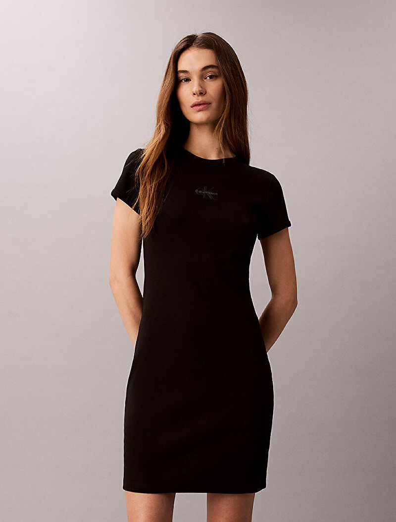 Calvin Klein Siyah Renkli Kadın Monologo Baby Rib Elbise