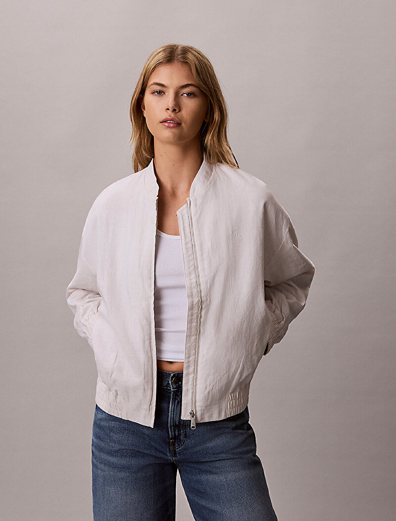 Calvin Klein Beyaz Renkli Kadın Linen Bomber Ceket