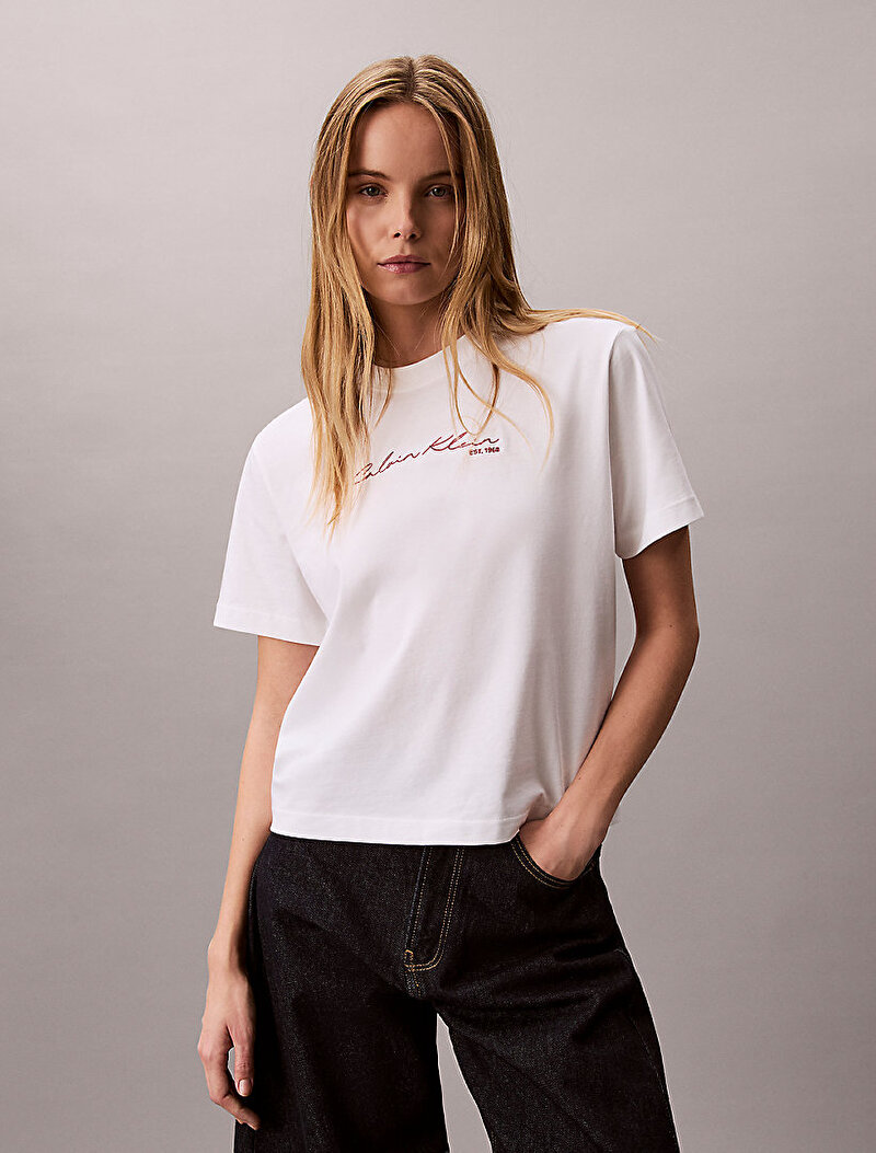 Calvin Klein Beyaz Renkli Kadın Graphic Boxy T-shirt