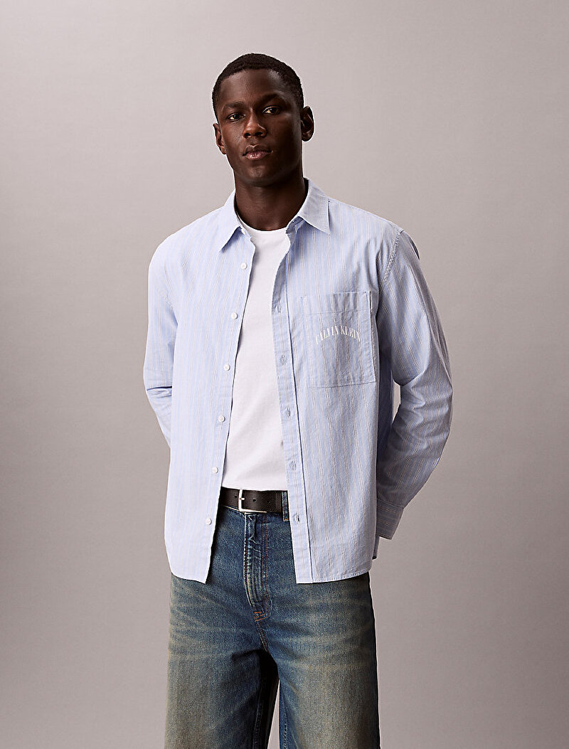 Calvin Klein Mavi Renkli Erkek Stripe Washed Gömlek