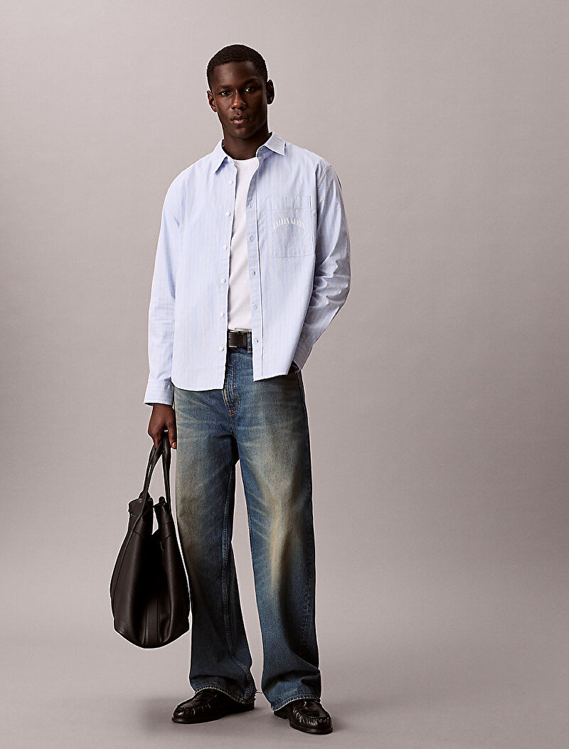Calvin Klein Mavi Renkli Erkek Stripe Washed Gömlek