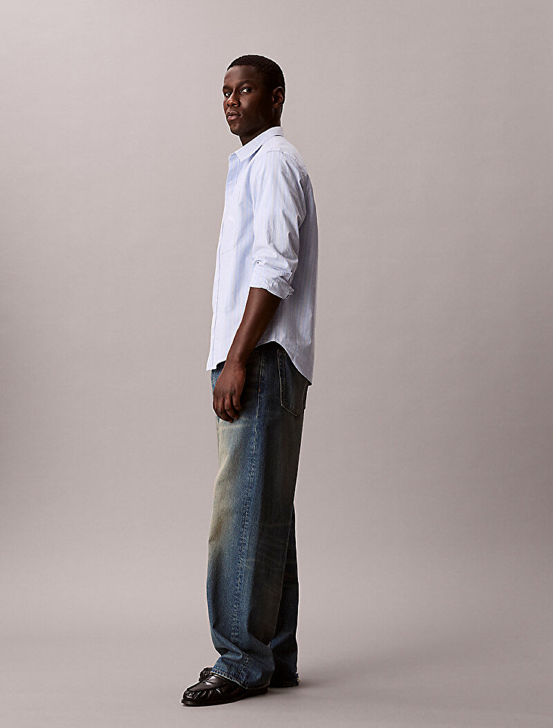 Calvin Klein Mavi Renkli Erkek Stripe Washed Gömlek