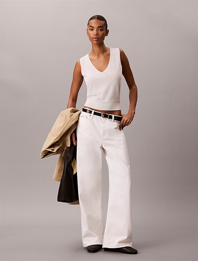 Calvin Klein Beyaz Renkli Kadın Linen Blend Tank Top