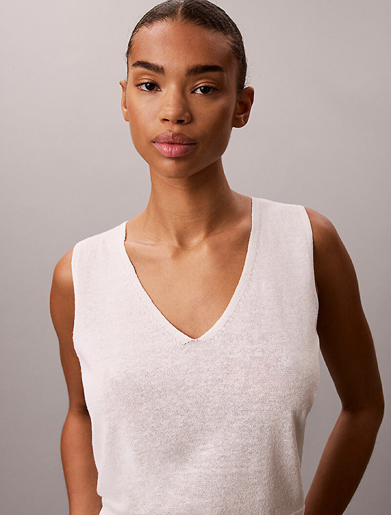 Calvin Klein Beyaz Renkli Kadın Linen Blend Tank Top