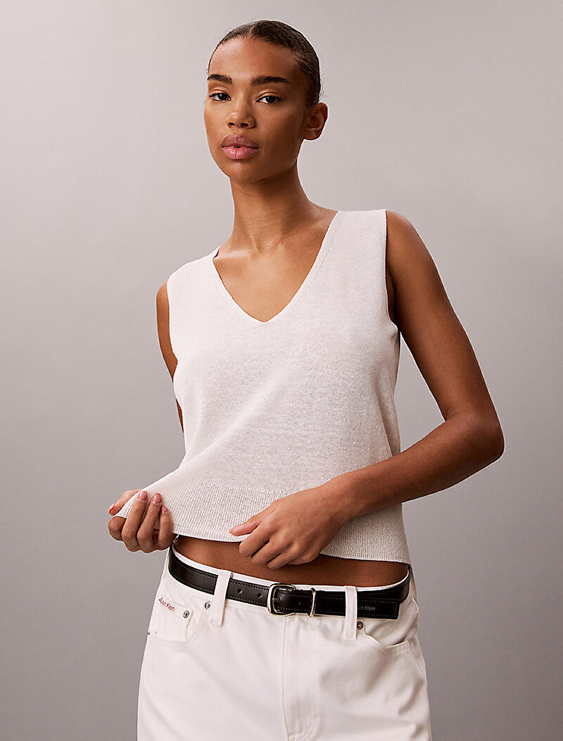 Calvin Klein Beyaz Renkli Kadın Linen Blend Tank Top