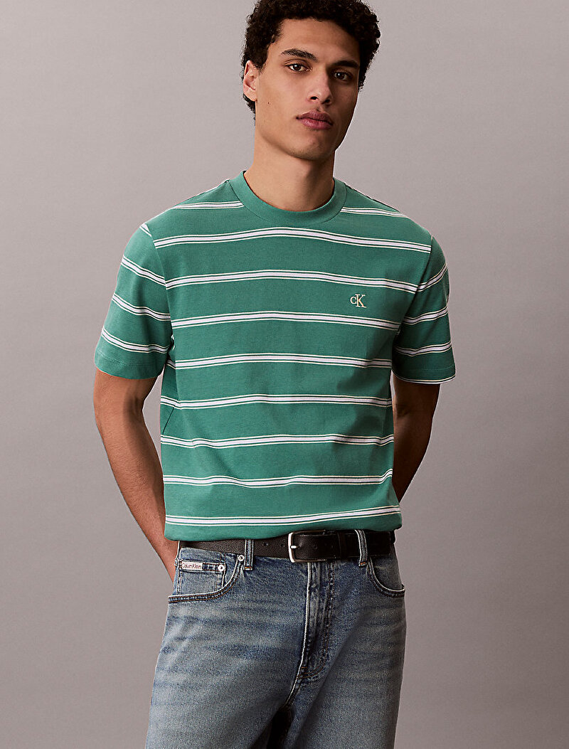 Calvin Klein Yeşil Renkli Erkek Easy Stripe Crewn T-shirt