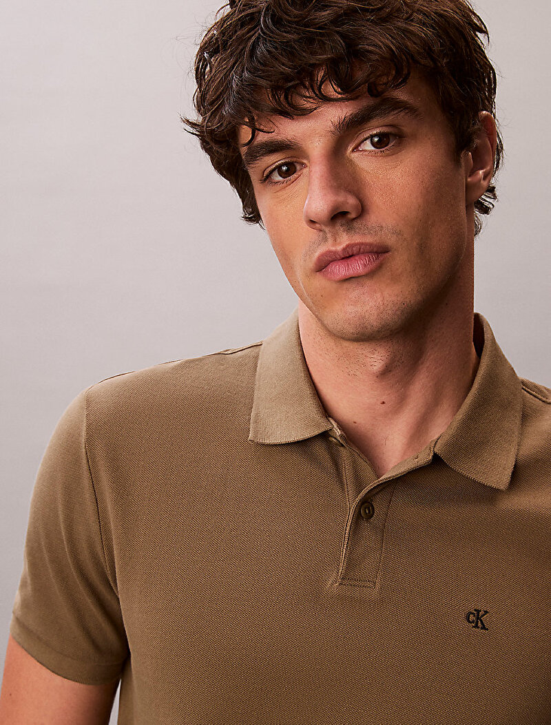 Calvin Klein Bej Renkli Erkek Monogram Pique Polo T-shirt