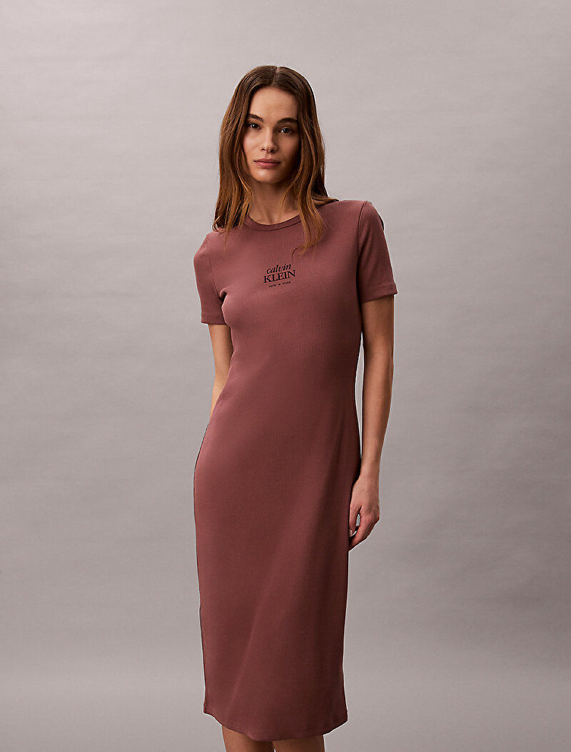 Calvin Klein Kahverengi Renkli Kadın Baby Rib Logo Elbise