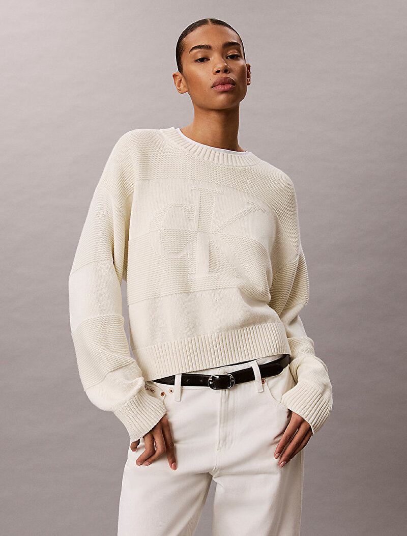 Calvin Klein Beyaz Renkli Kadın Tonal Logo Kazak