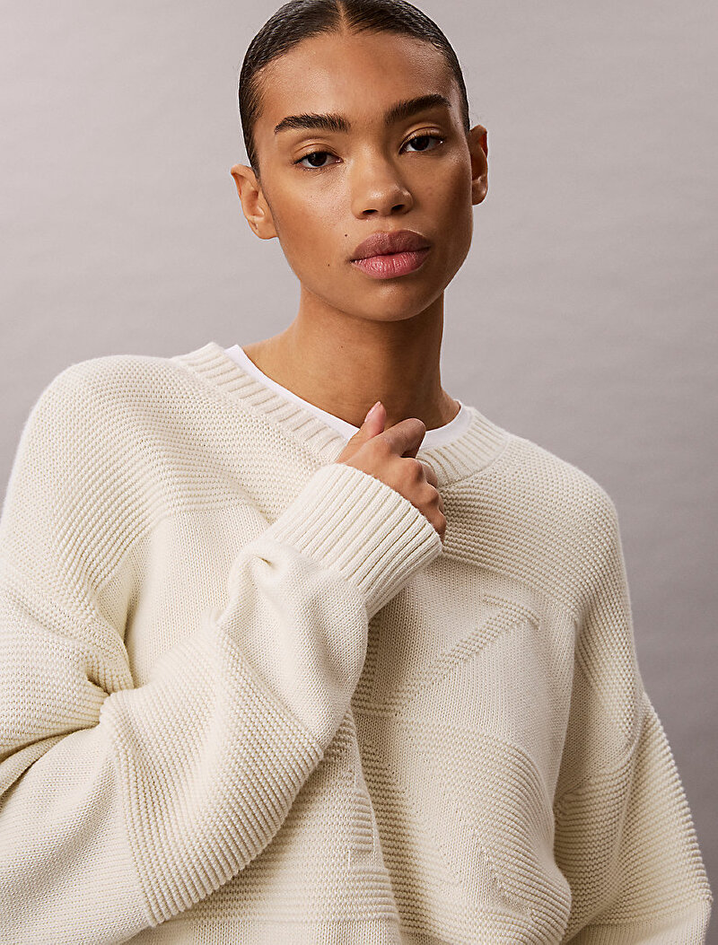 Calvin Klein Beyaz Renkli Kadın Tonal Logo Kazak