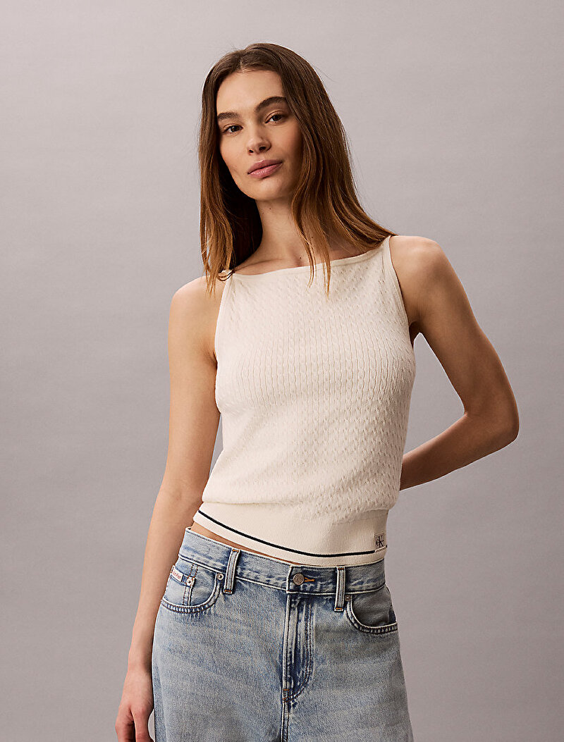 Calvin Klein Beyaz Renkli Kadın Slim Woven Label Kazak