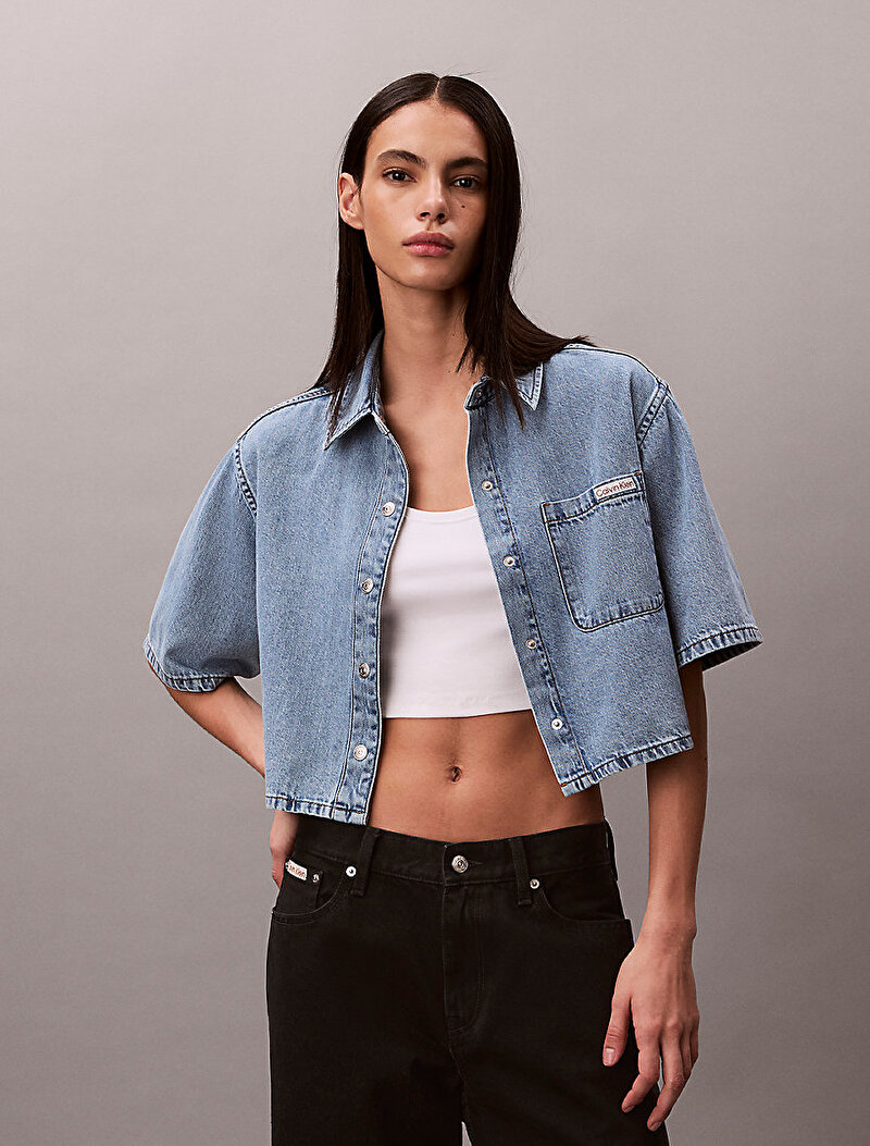 Calvin Klein Mavi Renkli Kadın Boxy Cropped Denim Gömlek