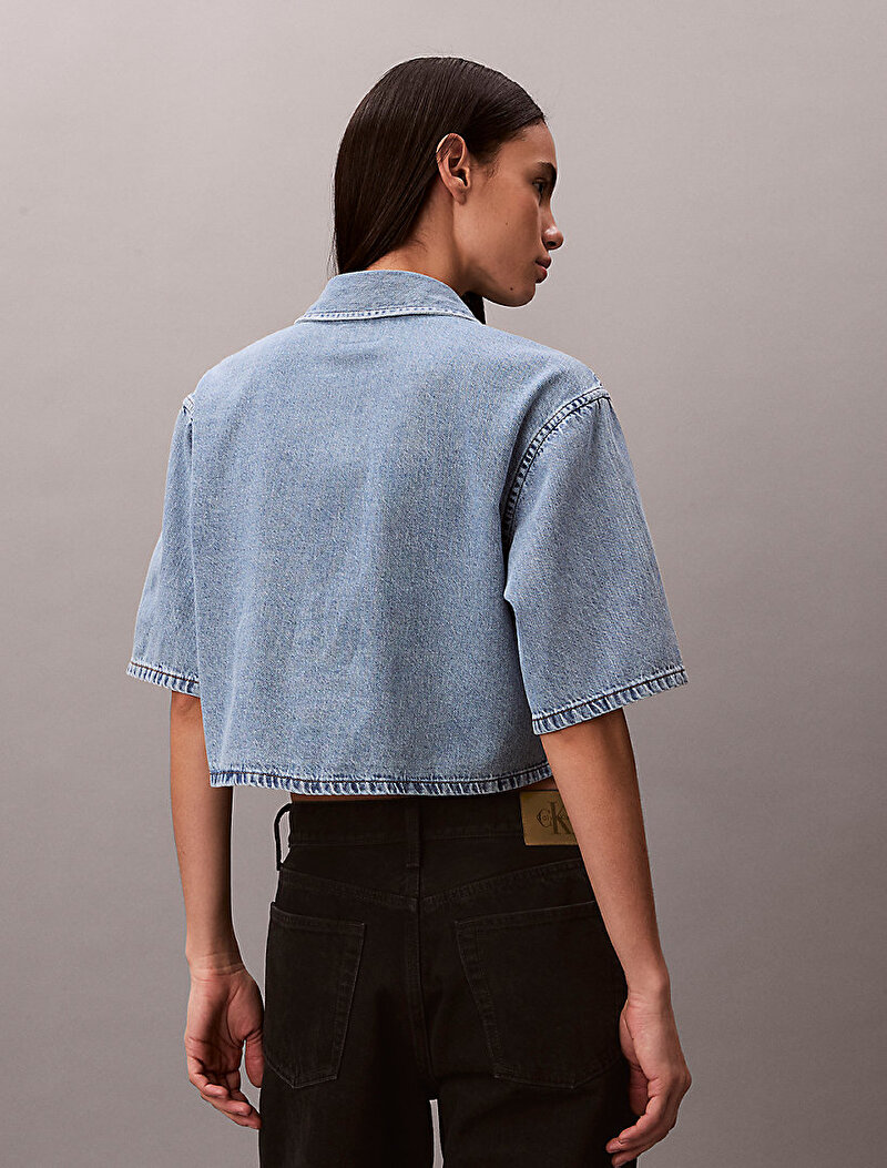 Calvin Klein Mavi Renkli Kadın Boxy Cropped Denim Gömlek