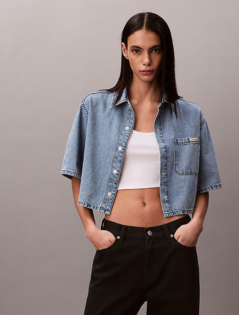 Calvin Klein Mavi Renkli Kadın Boxy Cropped Denim Gömlek