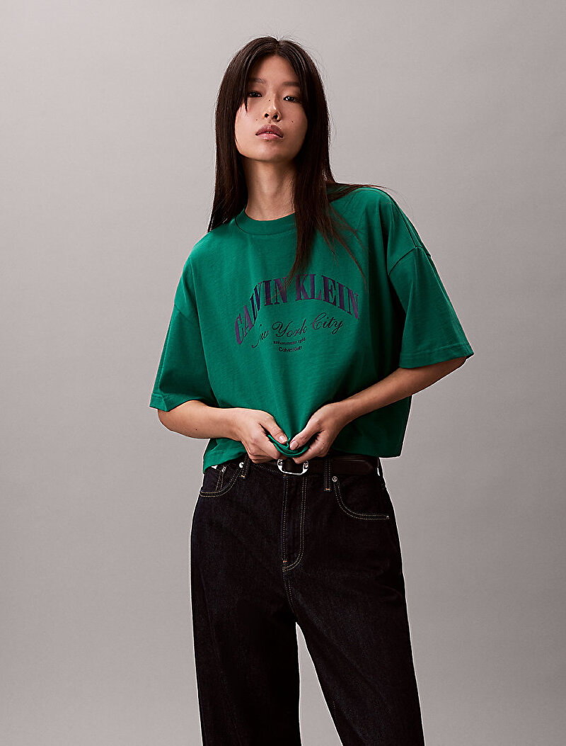 Calvin Klein Yeşil Renkli Kadın Cropped Boxy Heritage T-shirt