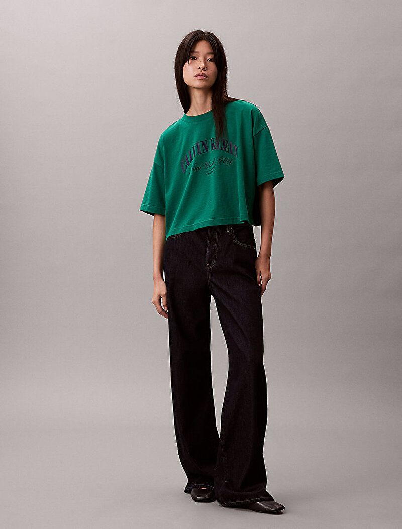 Calvin Klein Yeşil Renkli Kadın Cropped Boxy Heritage T-shirt