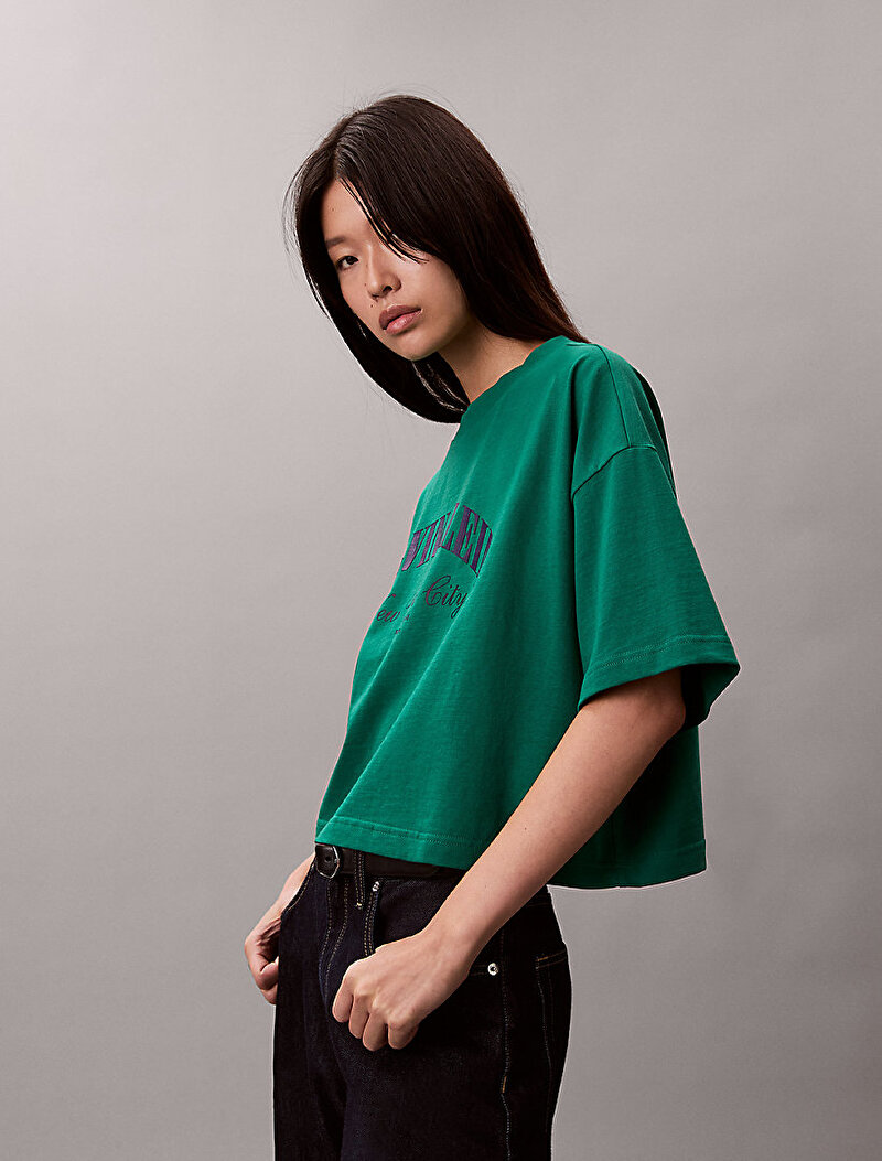 Calvin Klein Yeşil Renkli Kadın Cropped Boxy Heritage T-shirt