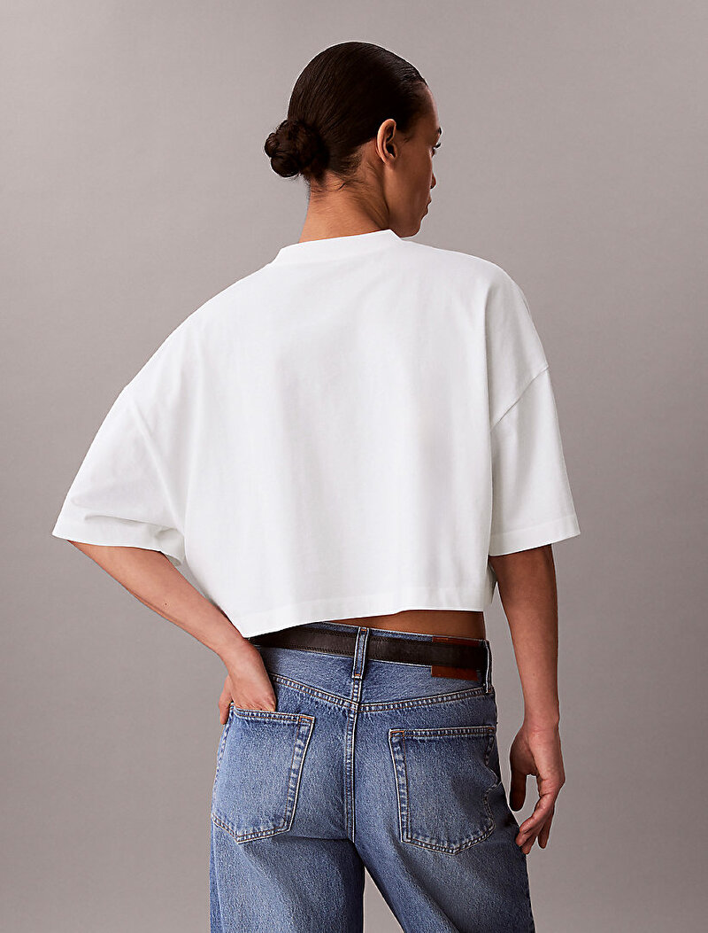 Calvin Klein Beyaz Renkli Kadın Cropped Boxy Heritage T-shirt