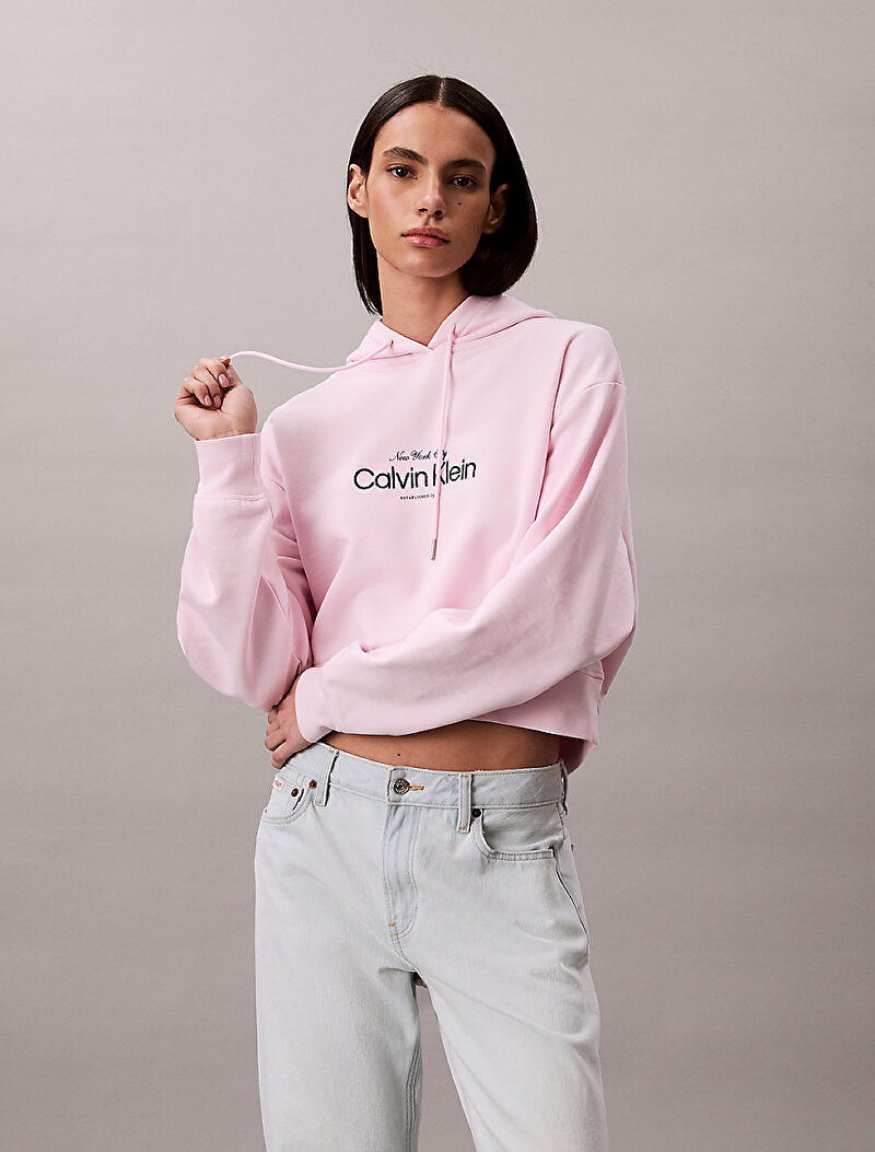 Calvin Klein Pembe Renkli Kadın CK Logo Cropped Sweatshirt
