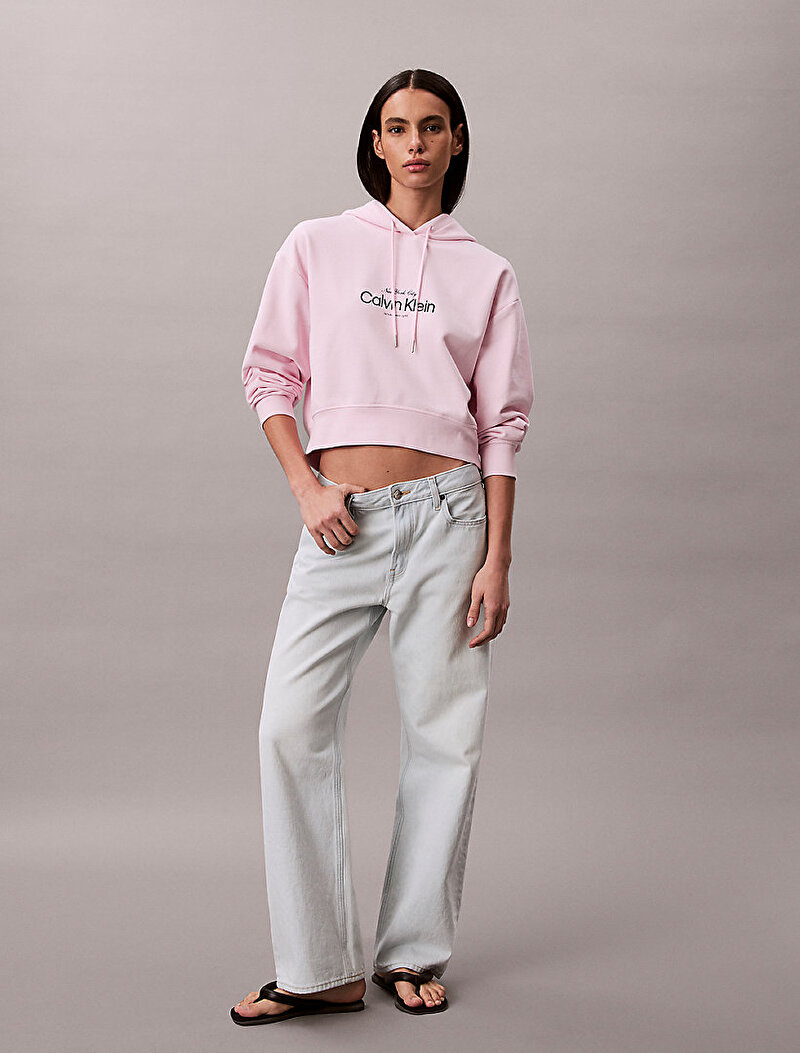 Calvin Klein Pembe Renkli Kadın CK Logo Cropped Sweatshirt