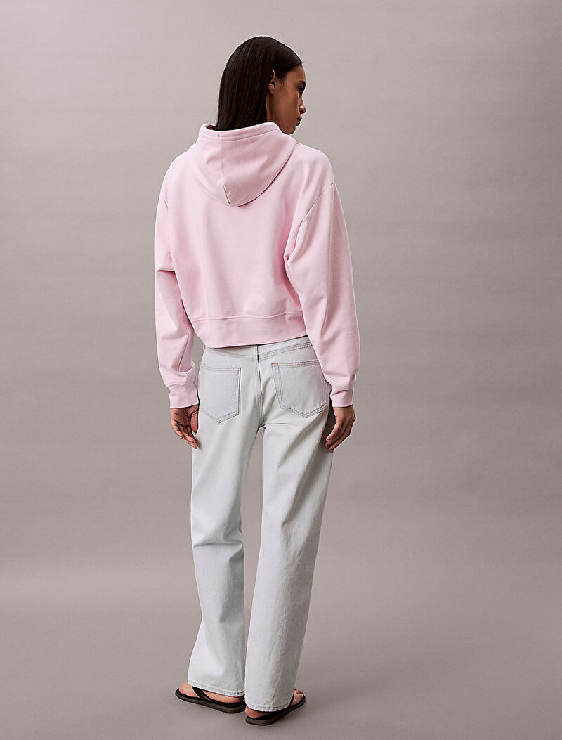 Calvin Klein Pembe Renkli Kadın CK Logo Cropped Sweatshirt