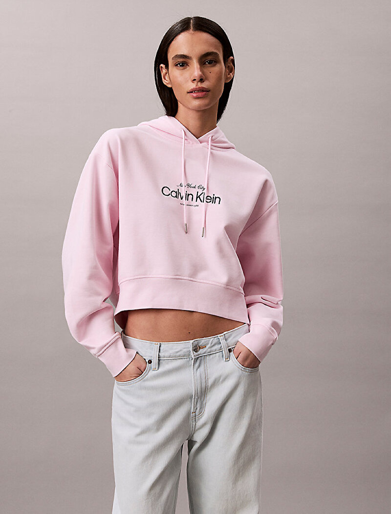 Calvin Klein Pembe Renkli Kadın CK Logo Cropped Sweatshirt