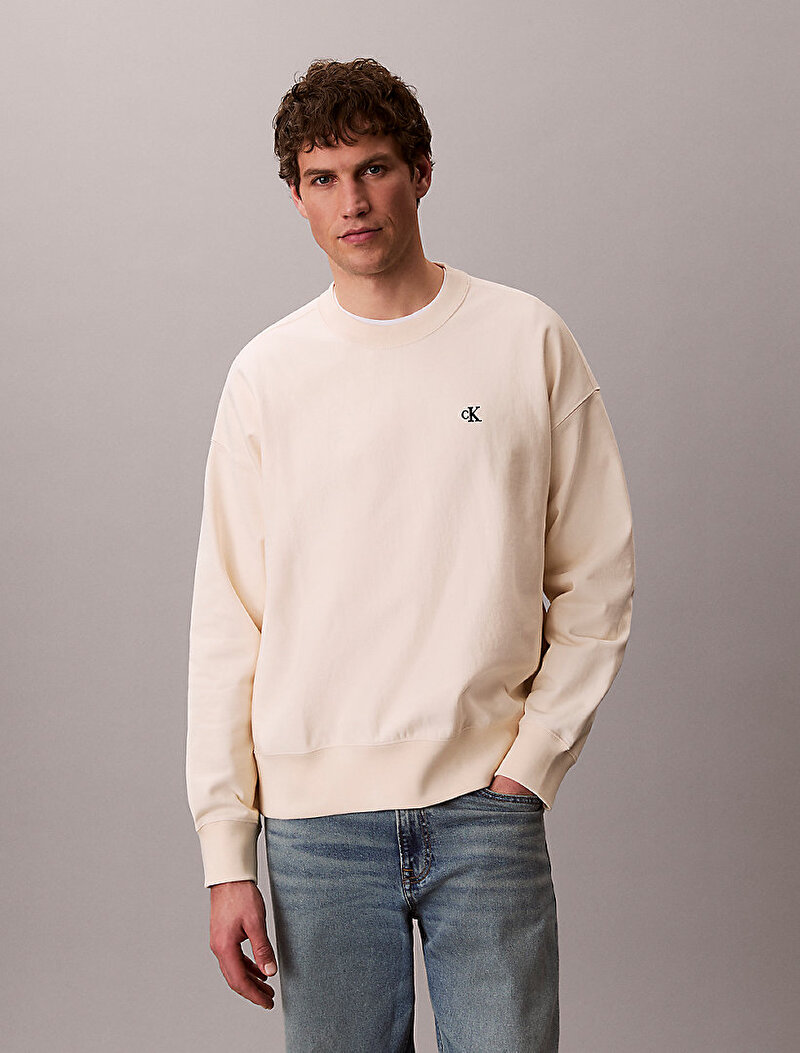 Calvin Klein Beyaz Renkli Erkek Premium Terry Monogram Sweatshirt