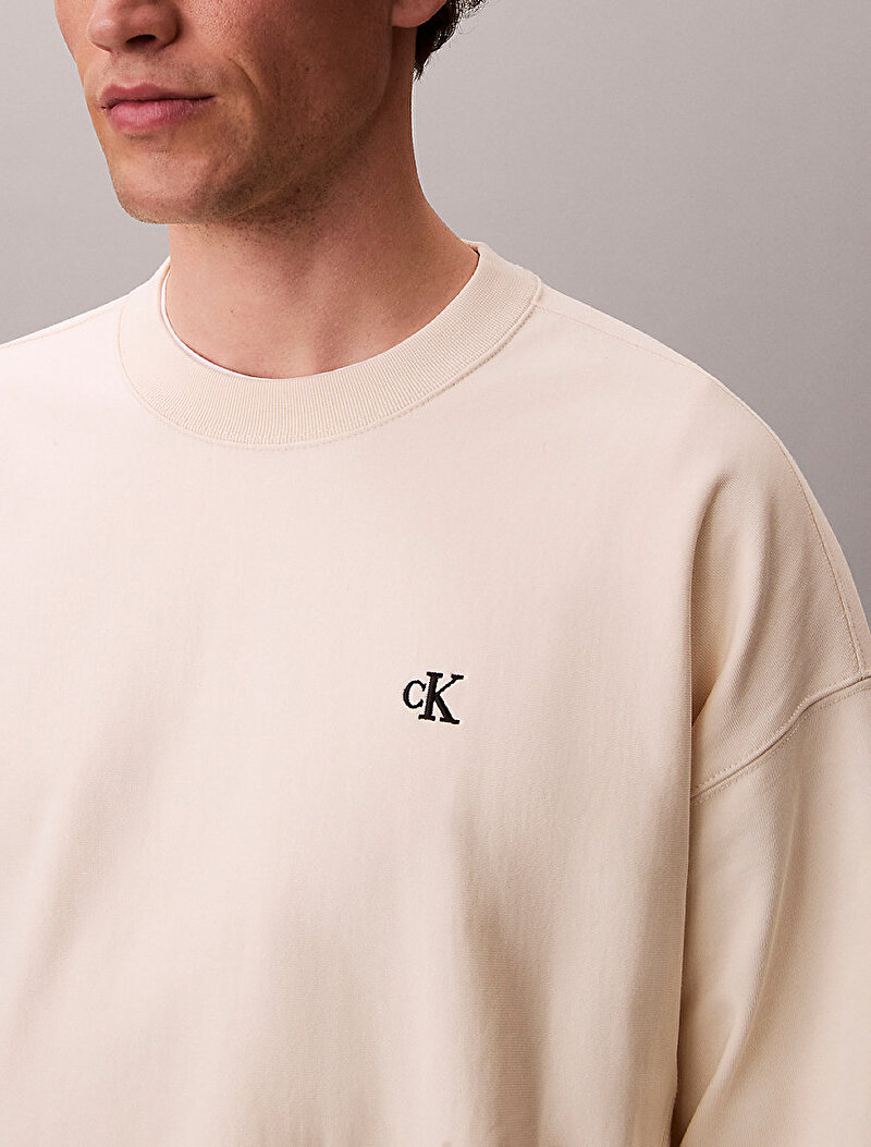 Calvin Klein Beyaz Renkli Erkek Premium Terry Monogram Sweatshirt
