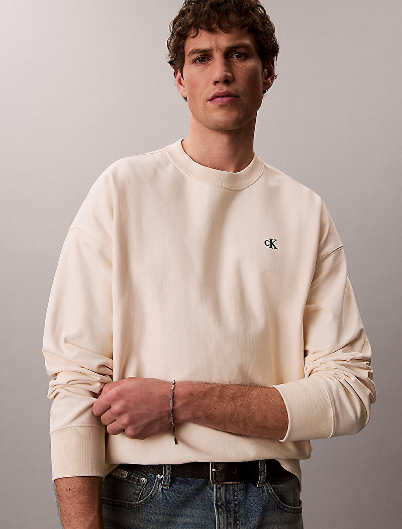 Calvin Klein Beyaz Renkli Erkek Premium Terry Monogram Sweatshirt