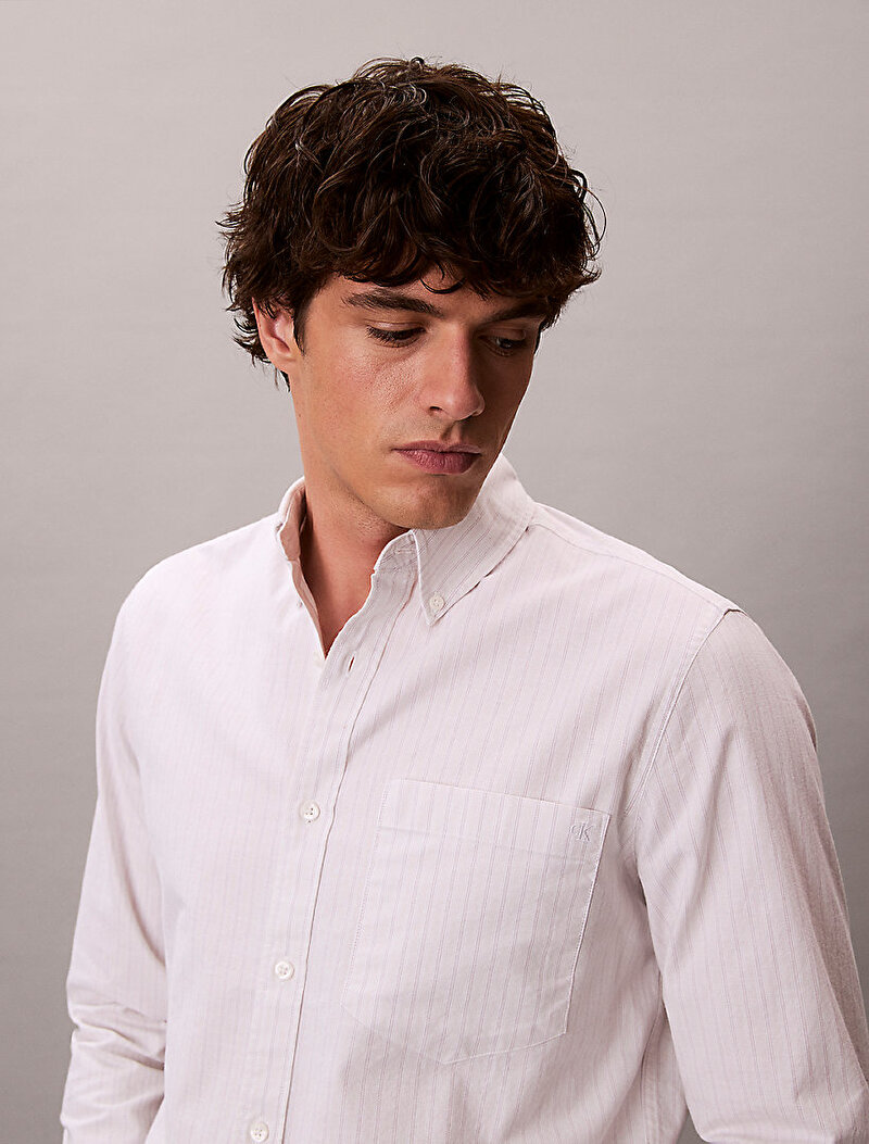 Calvin Klein Beyaz Renkli Erkek Stripe Oxford Gömlek